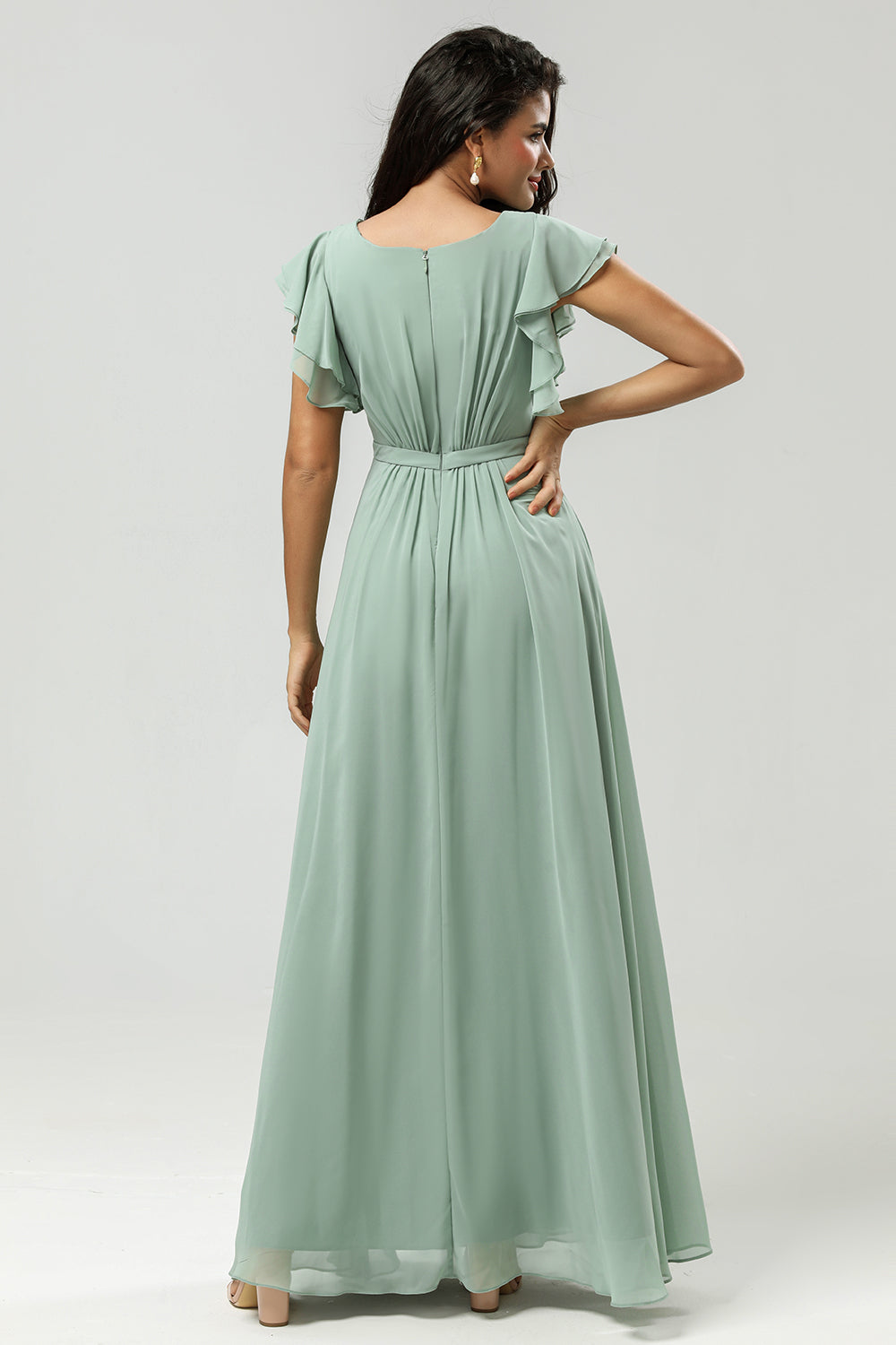 Matcha A Line Round Neck Ruched Floor Length Chiffon Bridesmaid Dress