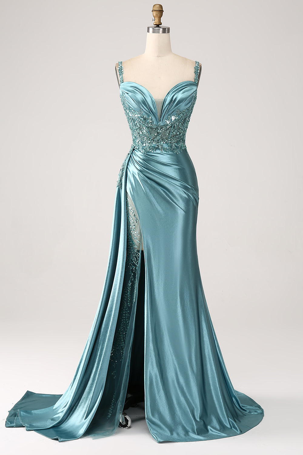 Blue Mermaid V-Neck Satin Side Streamer Long Appliques Sequin Prom Dress With Slit