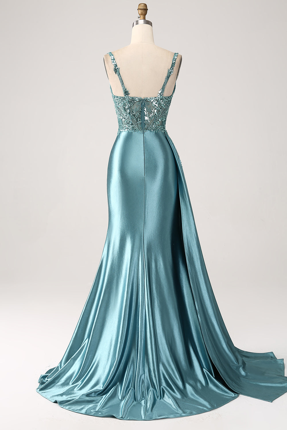 Blue Mermaid V-Neck Satin Side Streamer Long Appliques Sequin Prom Dress With Slit