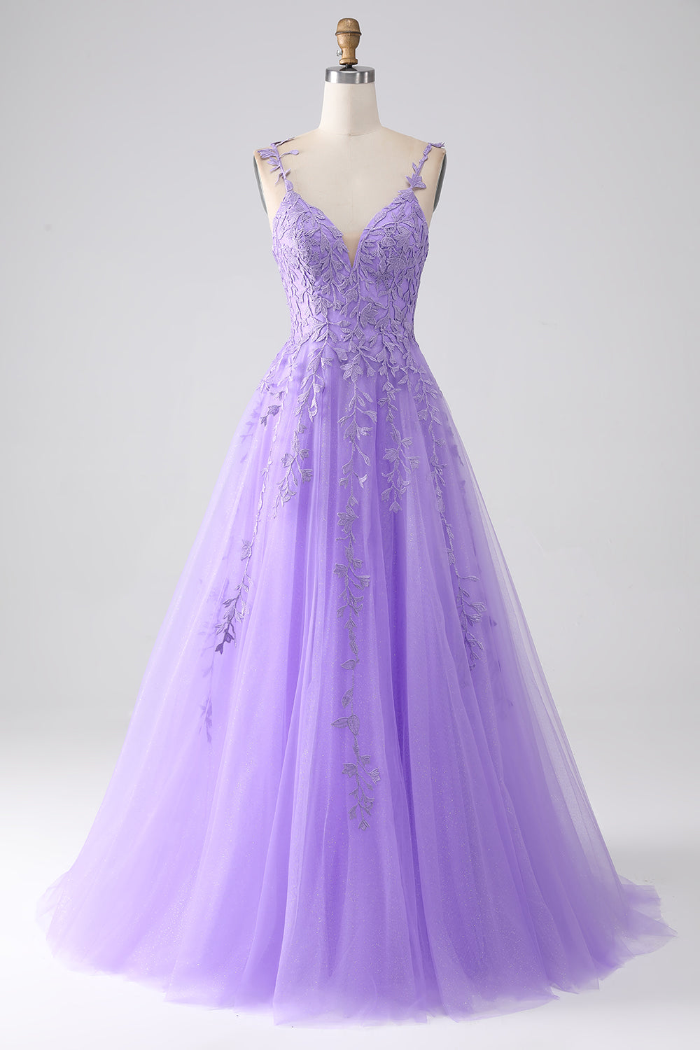 A-Line Spaghetti Straps Long Lilac Prom Dress with Appliques