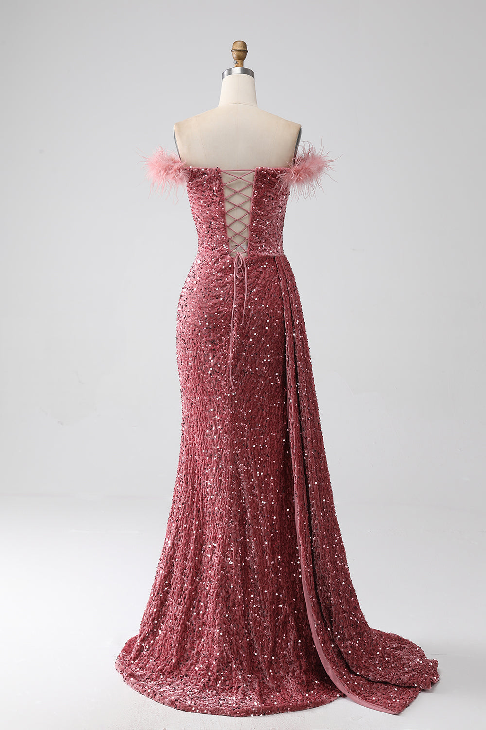 Sparkly Blush Mermaid Off the Shoulder Sequins Prom Dress with Slit