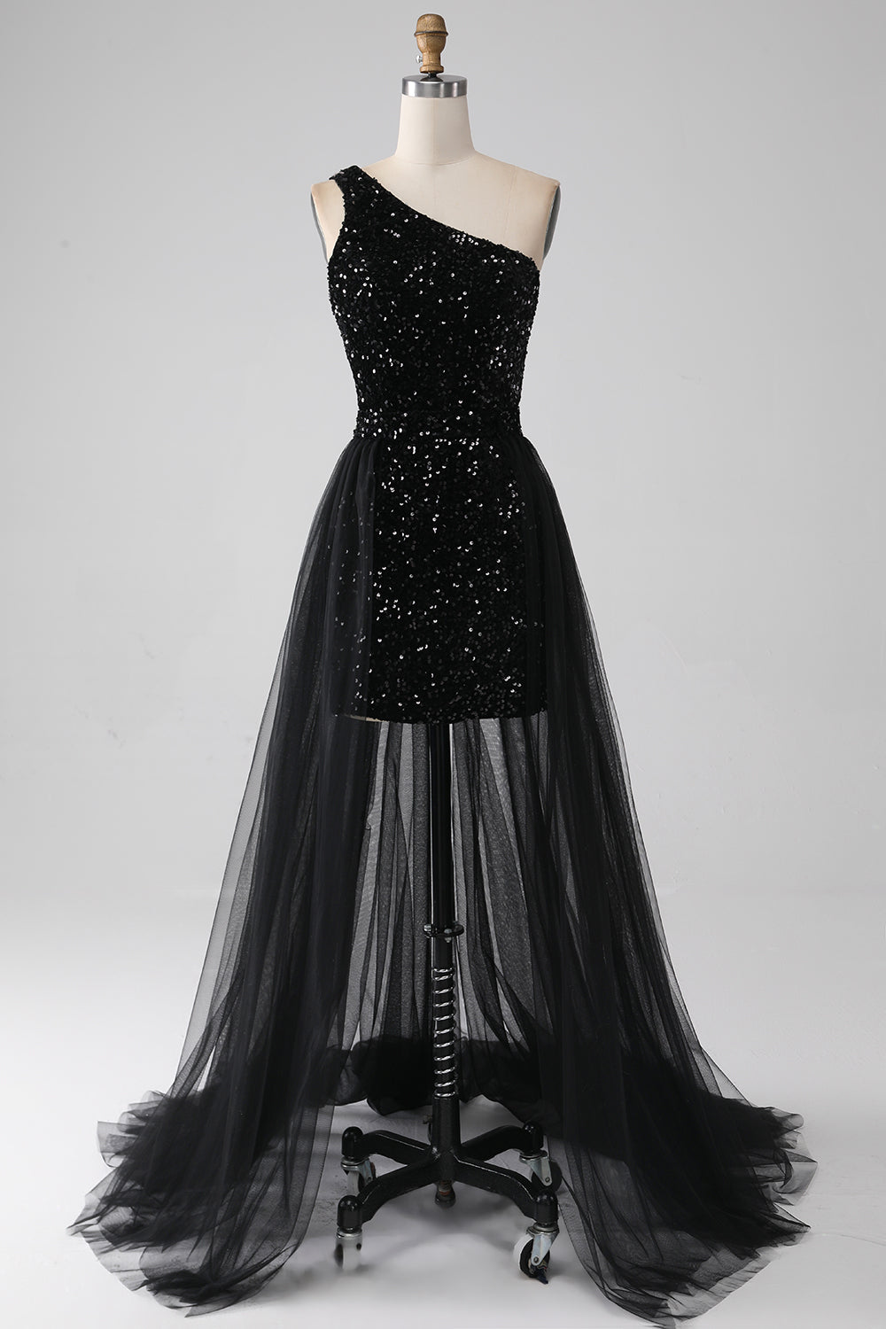 Sparkly Black A-Line One Shoulder Sequins Long Prom Dress