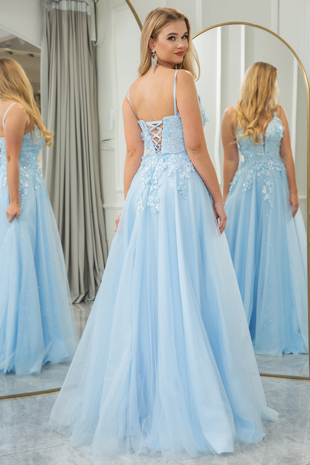 Light Blue A Line Tulle Long Prom Dress With Sequined Appliques