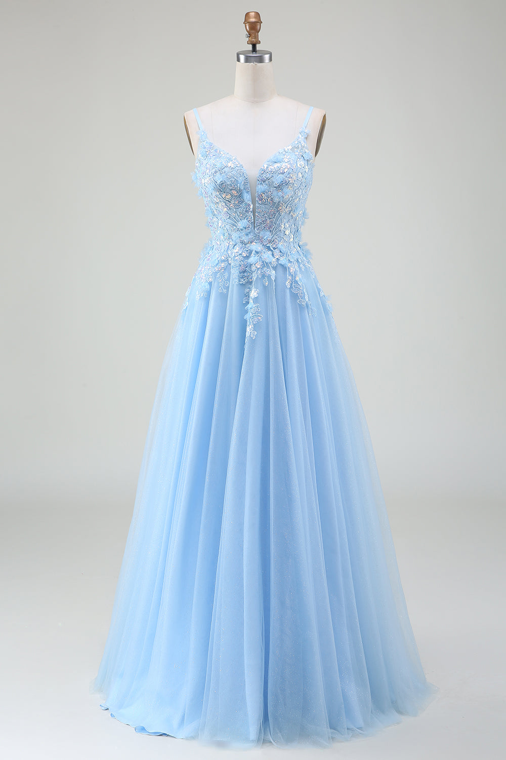 Light Blue A-Line Spaghetti Straps Long Prom Dress with Appliques