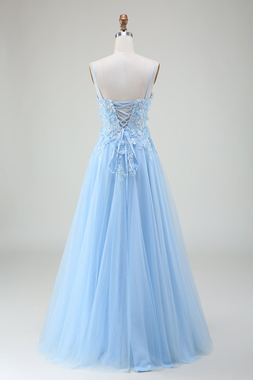 Light Blue A-Line Spaghetti Straps Long Prom Dress with Appliques