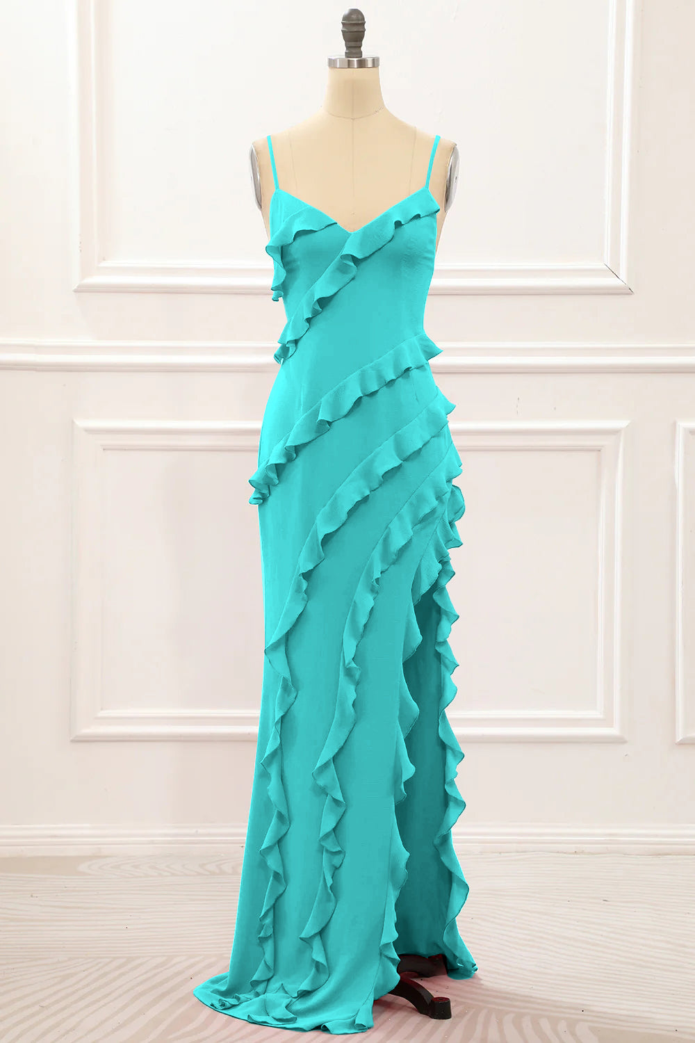 Spaghetti Straps Jade Tiered Mermaid Bridesmaid Dress With Slit