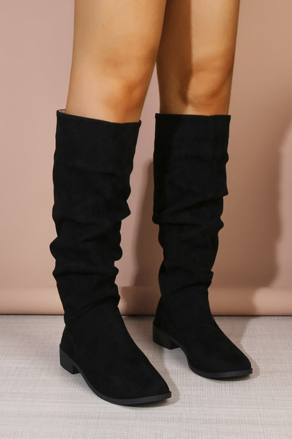 Women’s Brown Mid-Calf Thick Heel Retro Style Wrinkled Slouch Boots