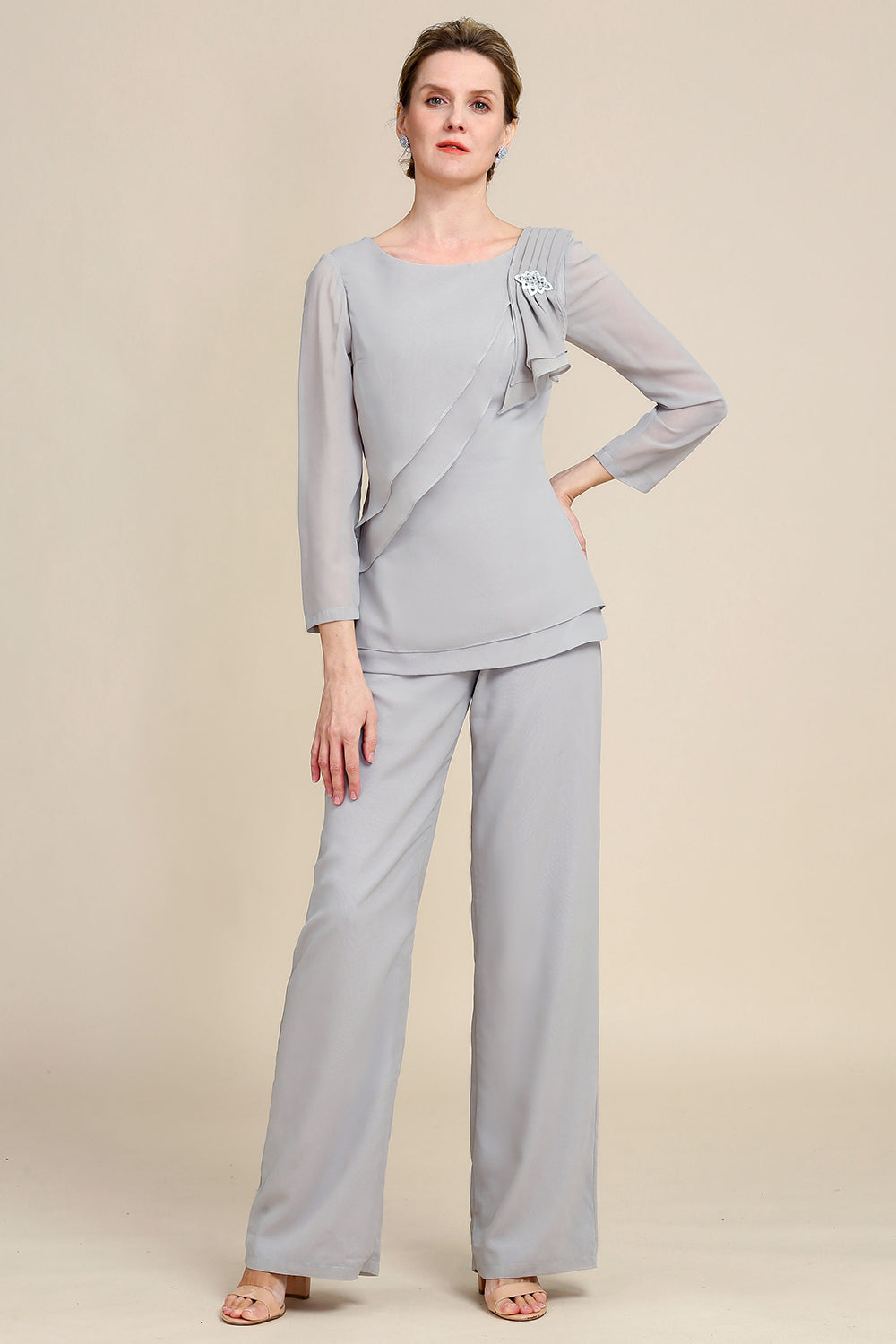 Elegant Grey Two-piece Chiffon Mother of The Bride Pant Suit