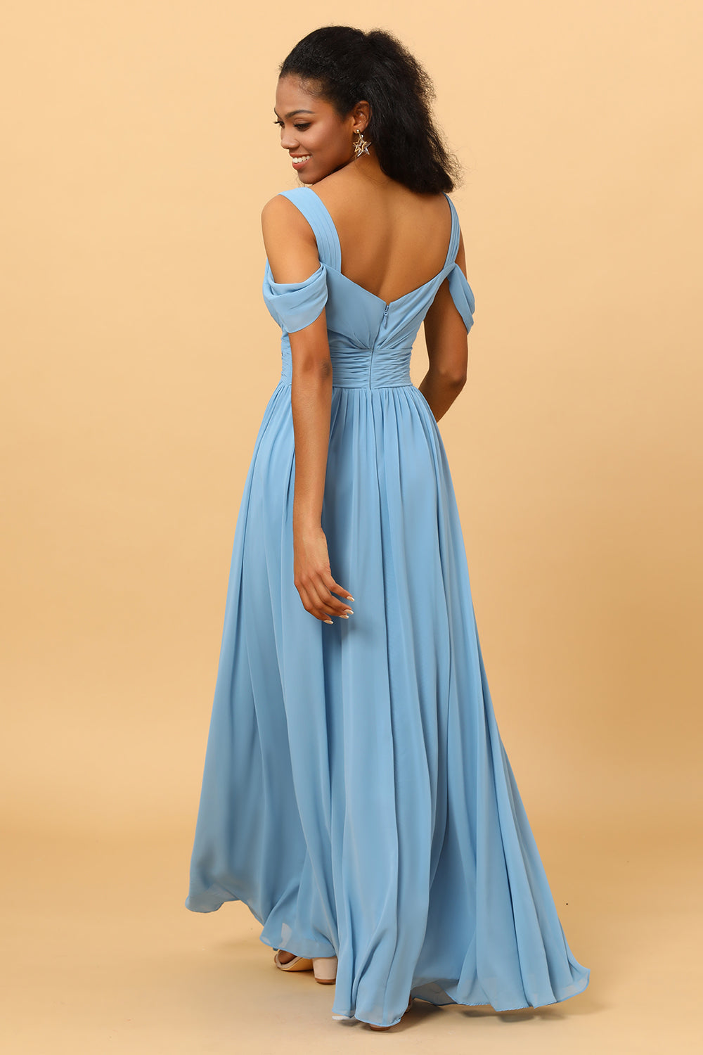 Steel Blue A Line V Neck Cold Shoulder Chiffon Bridesmaid Dress