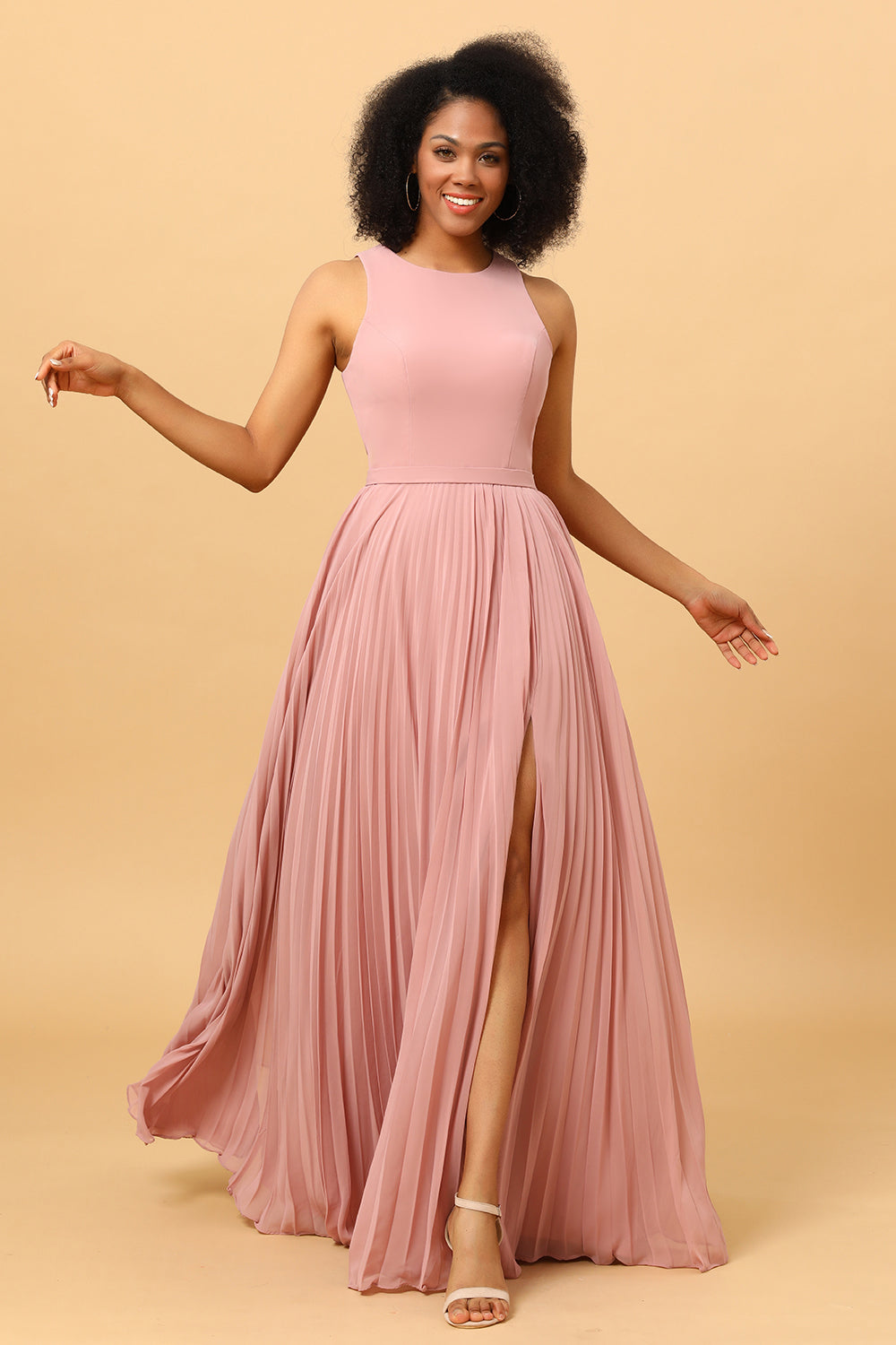 Dusty Rose A Line High Neck Pleated Long Chiffon Bridesmaid Dress