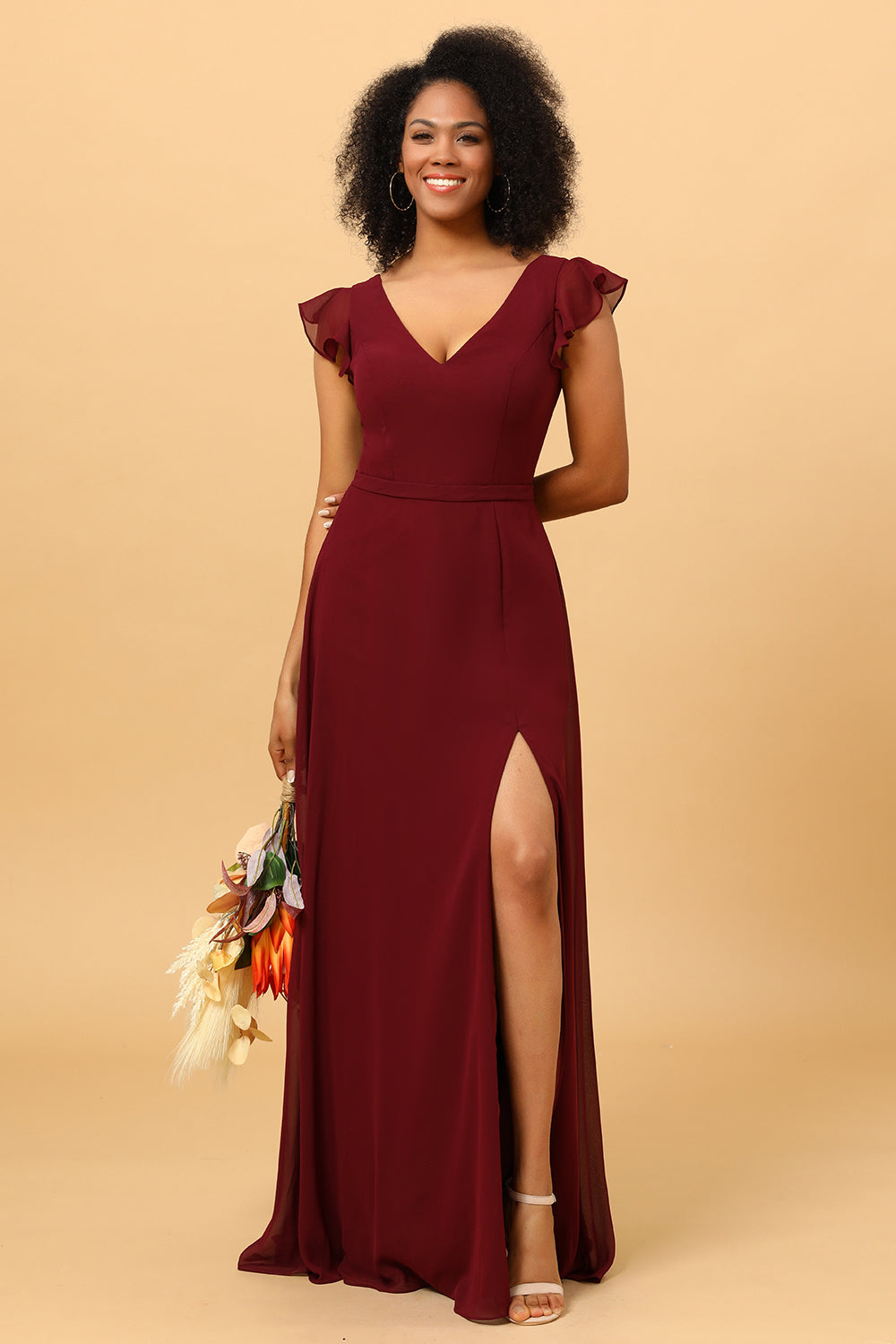 Cabernet A Line V Neck Strapless Long Chiffon Bridesmaid Dress With Slit