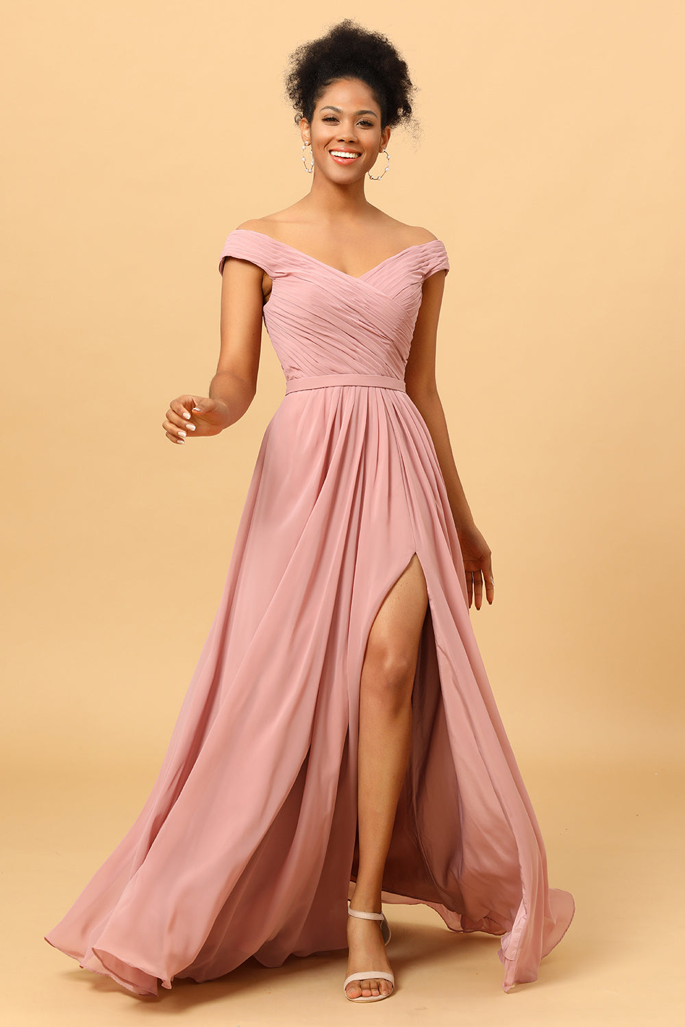 Dusty Rose Ruched Long Chiffon Bridesmaid Dress with Slit