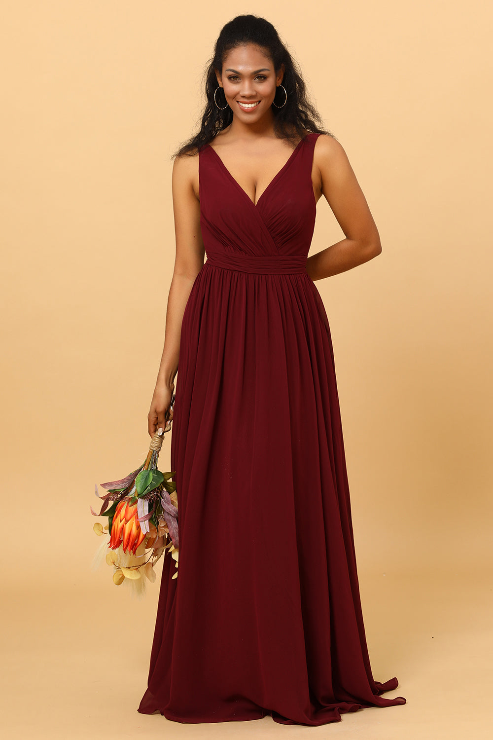 Cabernet A Line V Neck Pleated Floor Length Long Chiffon Bridesmaid Dress