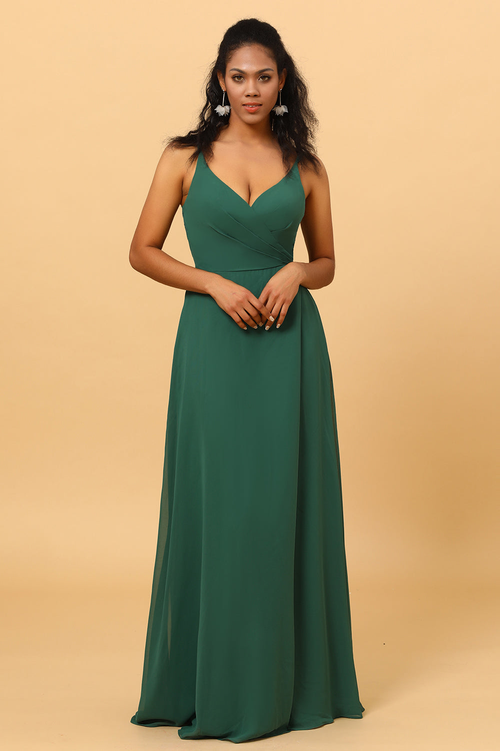 Dark Green A Line V Neck Floor Length Long Chiffon Bridesmaid Dress