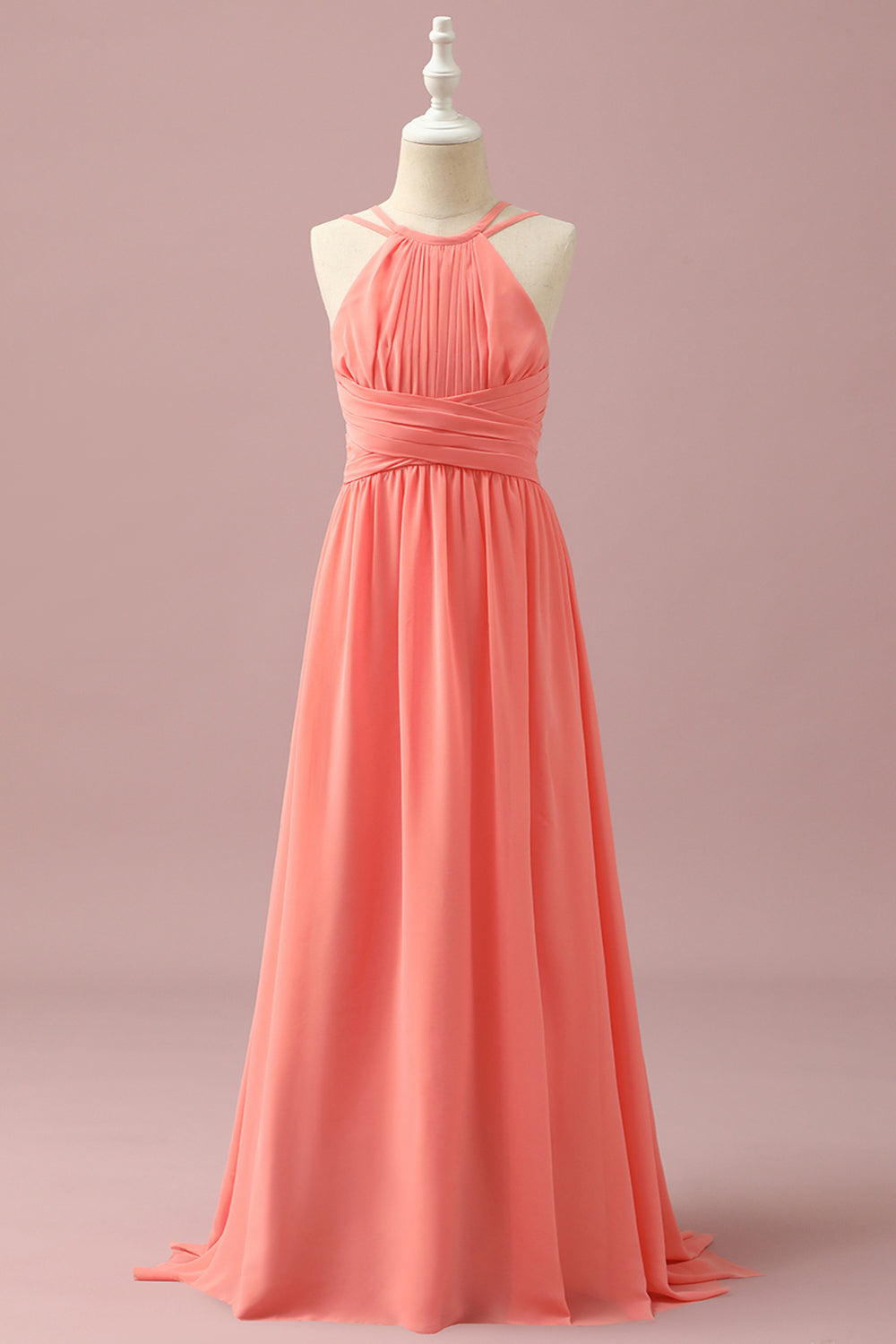 Coral A-Line Halter Floor Length Chiffon Junior Bridesmaid Dress