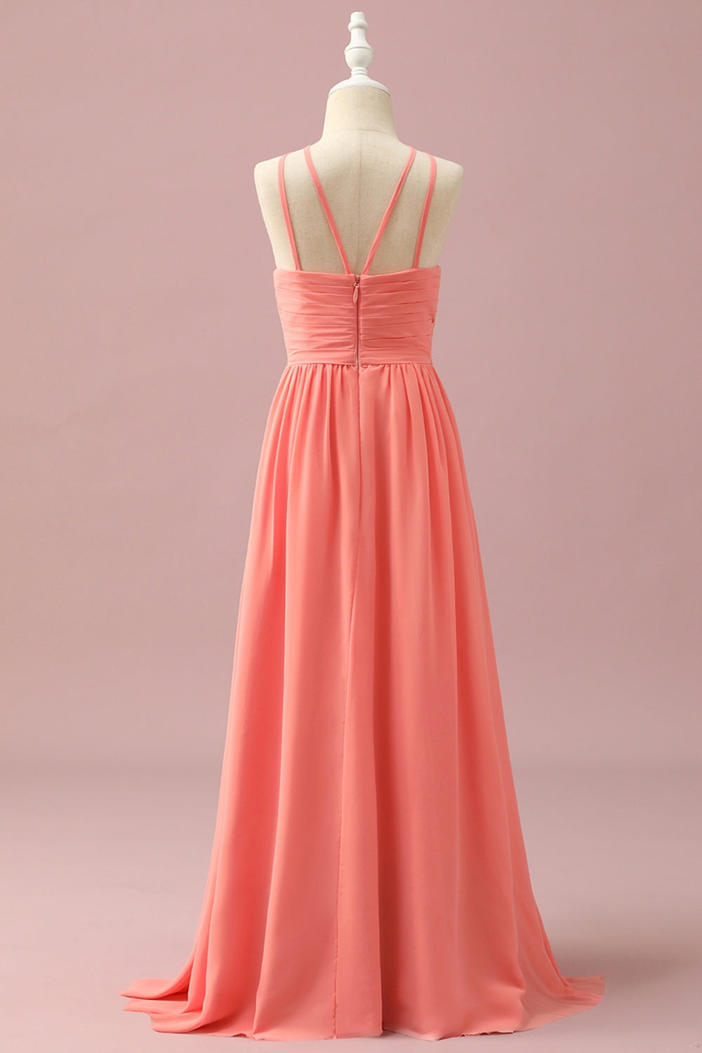 Coral A-Line Halter Floor Length Chiffon Junior Bridesmaid Dress