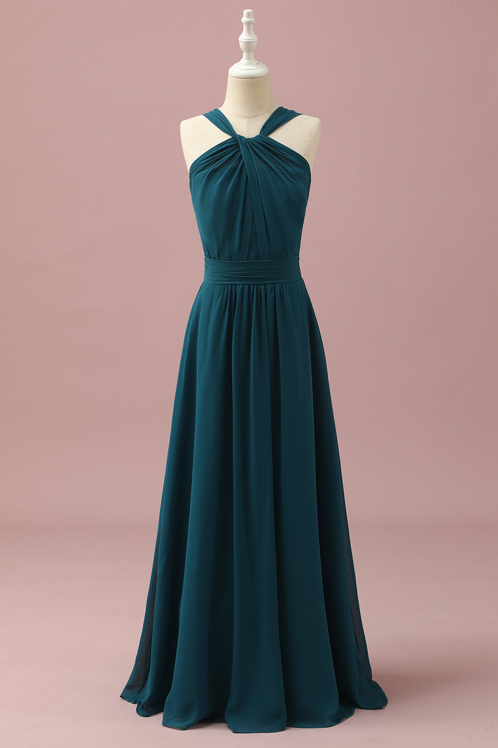 Dark Green A-Line Halter Floor Length Chiffon Junior Bridesmaid Dress