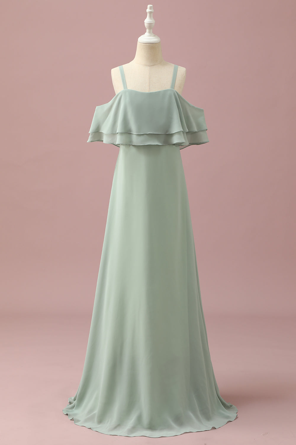 Dusty Sage Straps Cold Shoulder Chiffon Junior Bridesmaid Dress