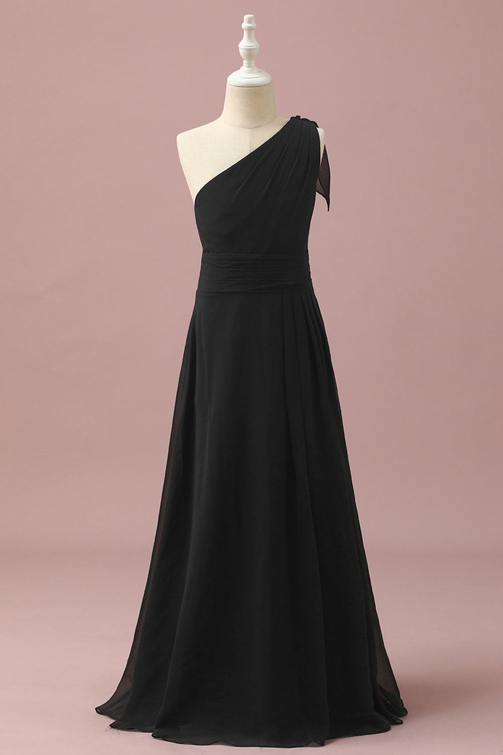 Black A-Line One Shoulder Floor Length Chiffon Junior Bridesmaid Dress