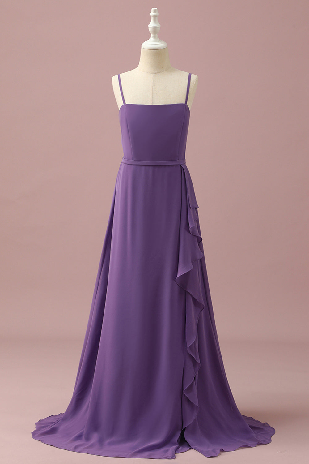 Purple A-Line Spaghetti Straps Long Chiffon Junior Bridesmaid Dress With Ruffles