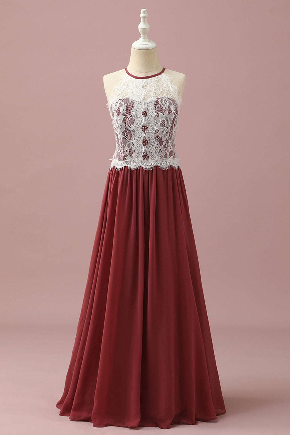 Burgundy A-Line Halter Floor Length Junior Bridesmaid Dress With Floral Lace