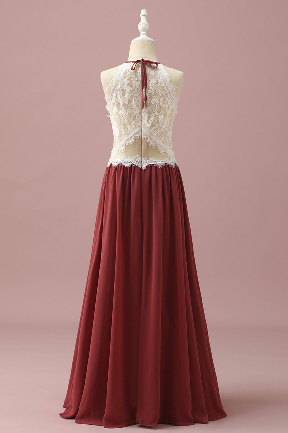 Burgundy A-Line Halter Floor Length Junior Bridesmaid Dress With Floral Lace