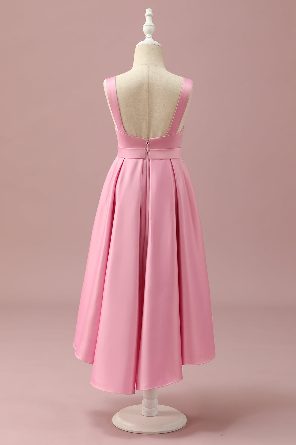 Pink High Low Round Neck Satin Junior Bridesmaid Dress