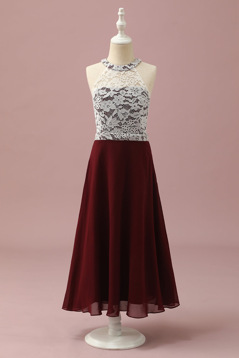 Burgundy A-Line Halter Lace and Chiffon Long Junior Bridesmaid Dress