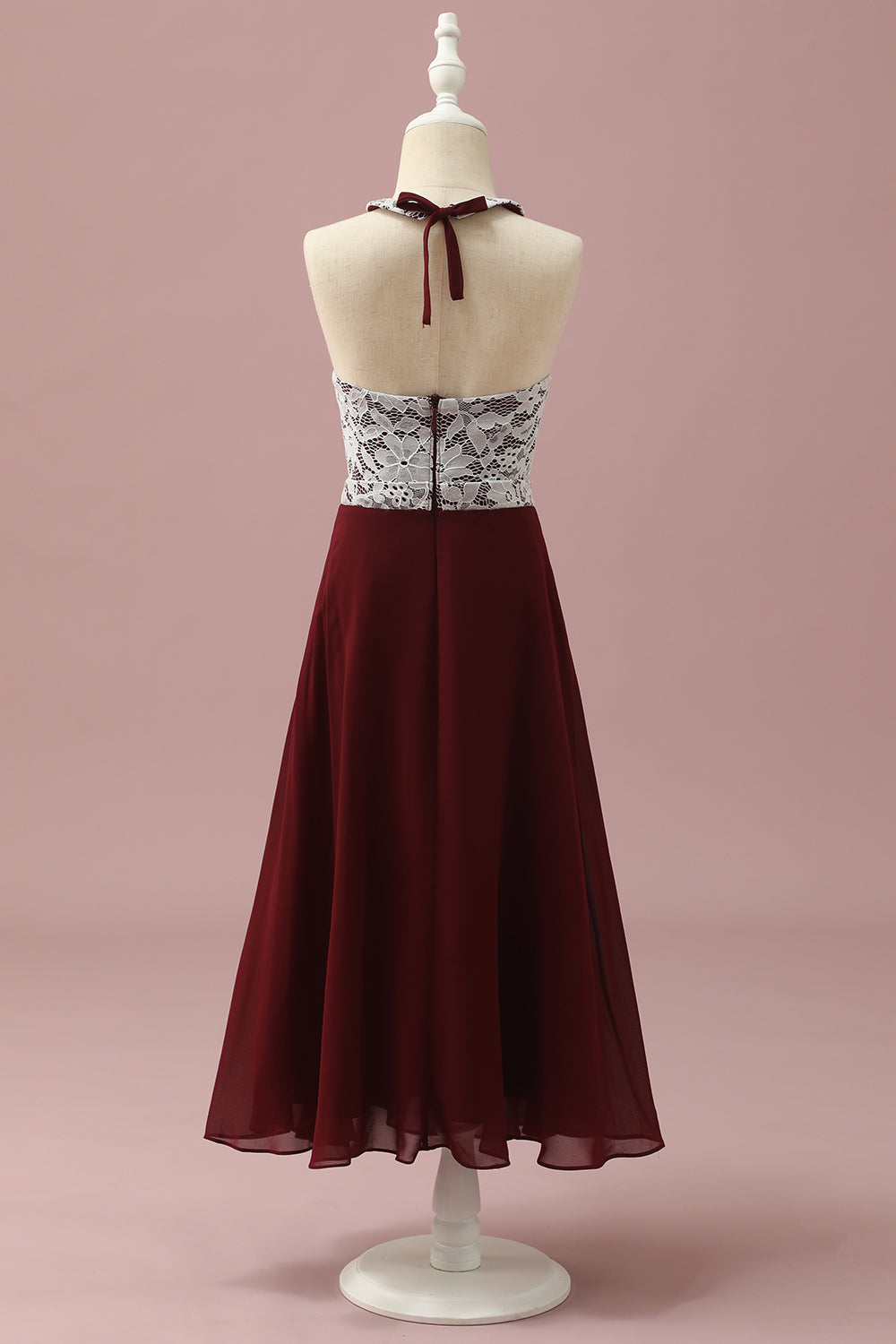 Burgundy A-Line Halter Lace and Chiffon Long Junior Bridesmaid Dress