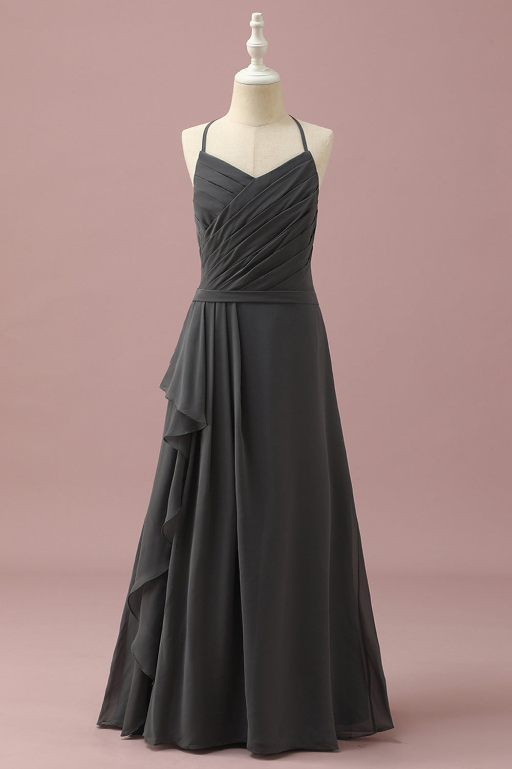 Black A-Line Spaghetti Straps Floor Length Chiffon Junior Bridesmaid Dress With Ruffles