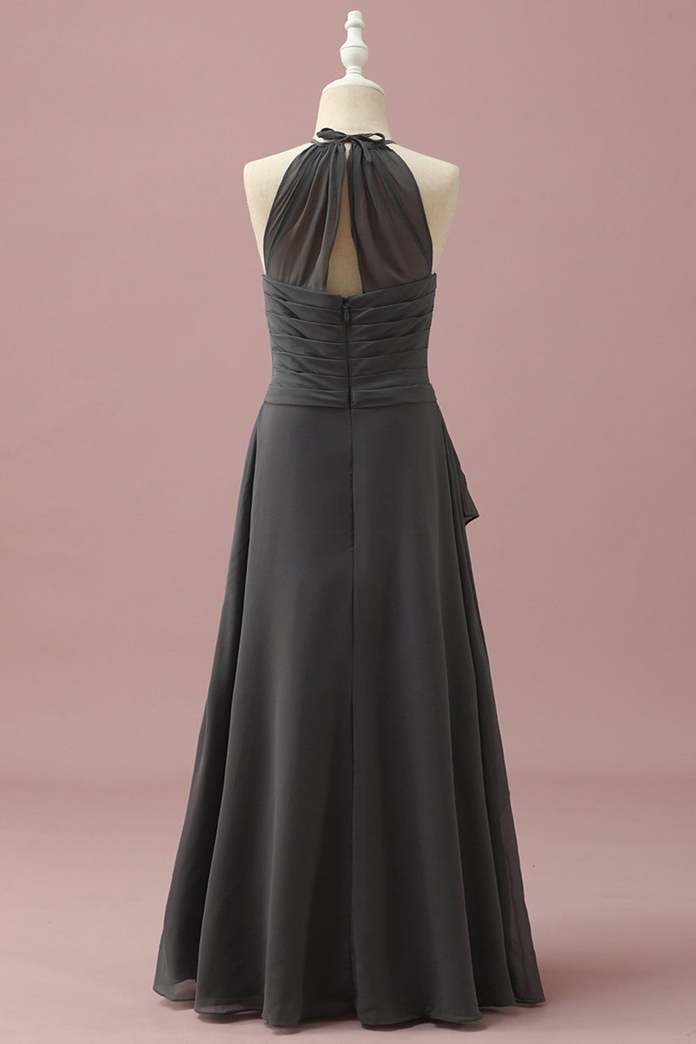 Black A-Line Spaghetti Straps Floor Length Chiffon Junior Bridesmaid Dress With Ruffles