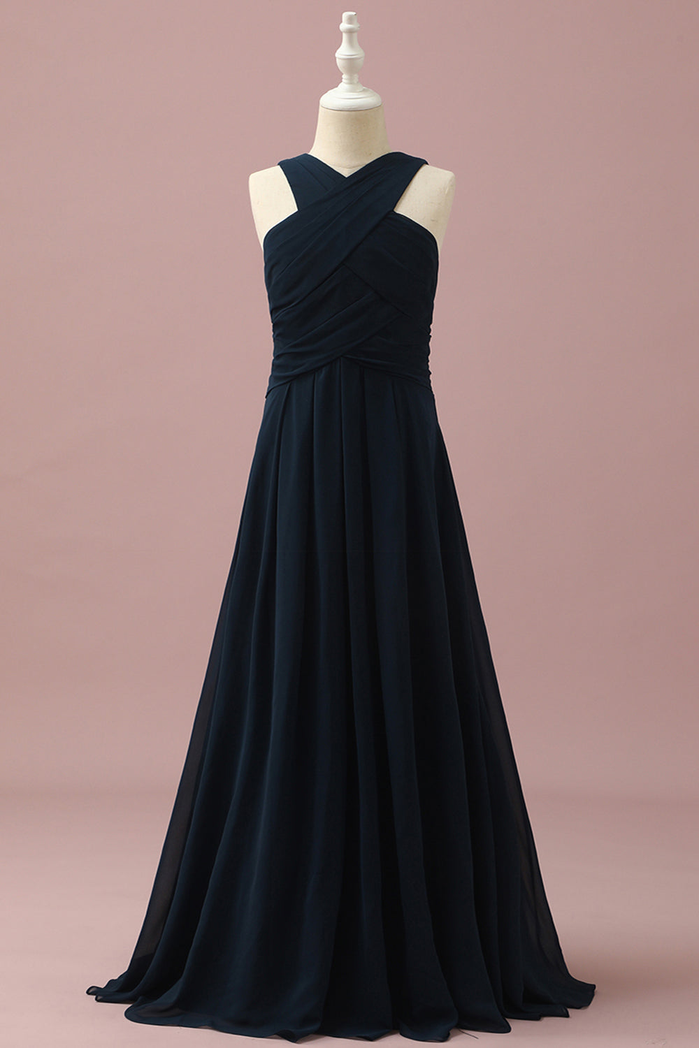 Dark Navy A-Line Halter Floor Length Chiffon Junior Bridesmaid Dress