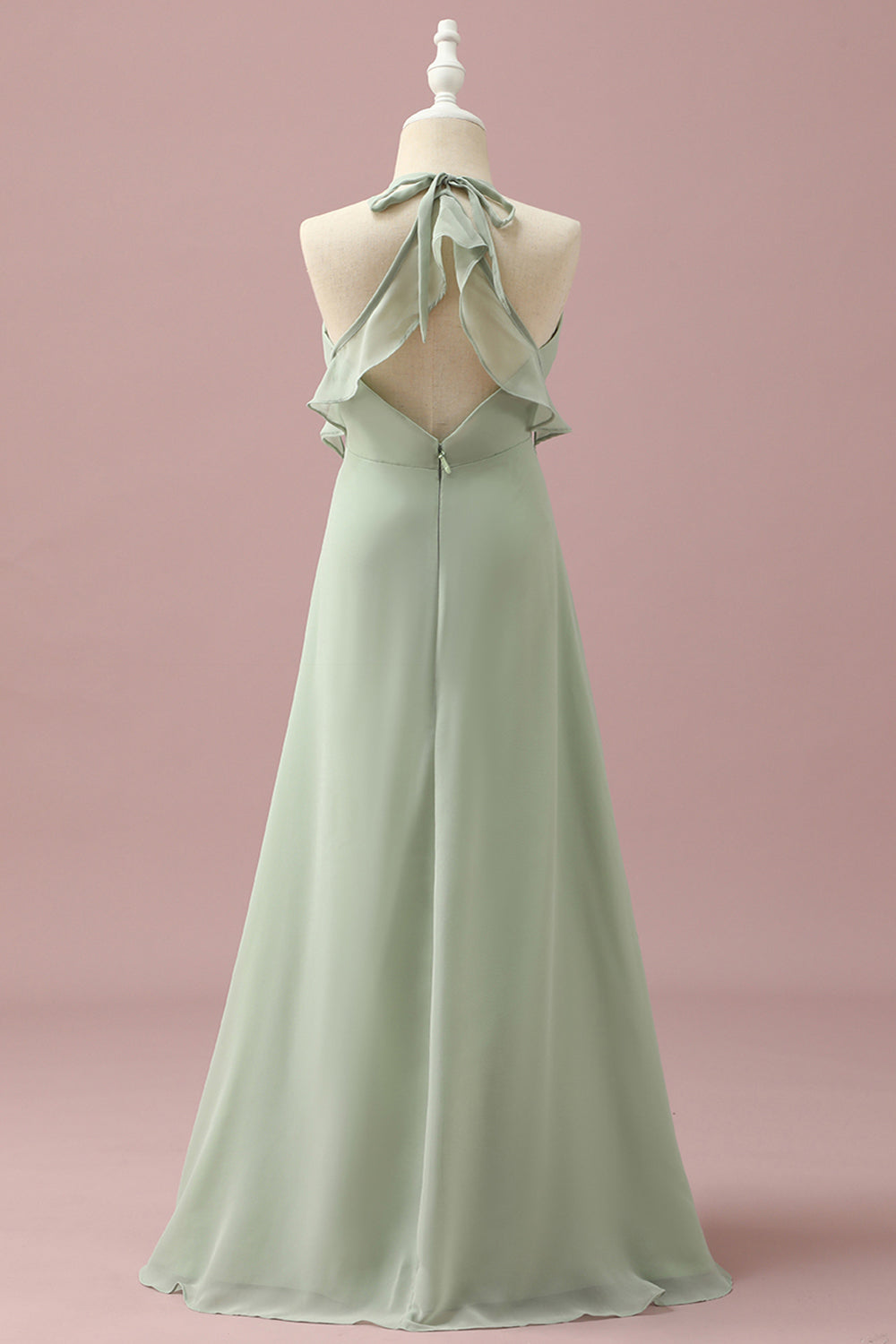 Sage A-Line V Neck Floor Length Chiffon Junior Bridesmaid Dress