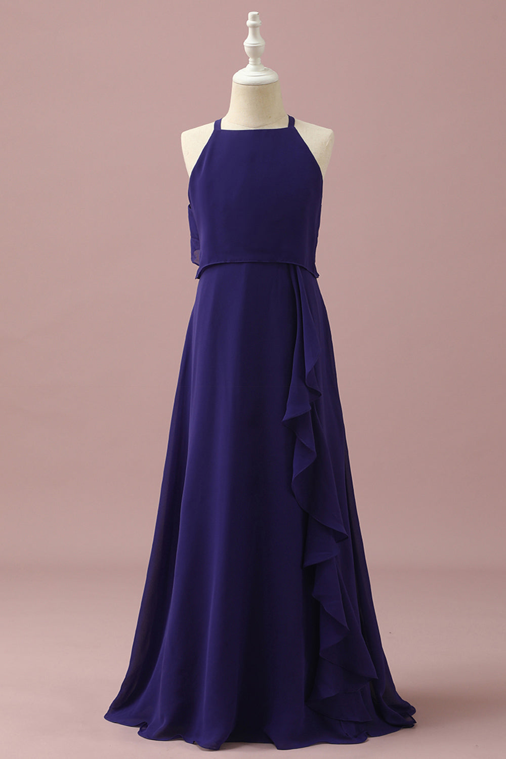 Purple Blue A-Line Halter Floor Length Chiffon Junior Bridesmaid Dress With Ruffles