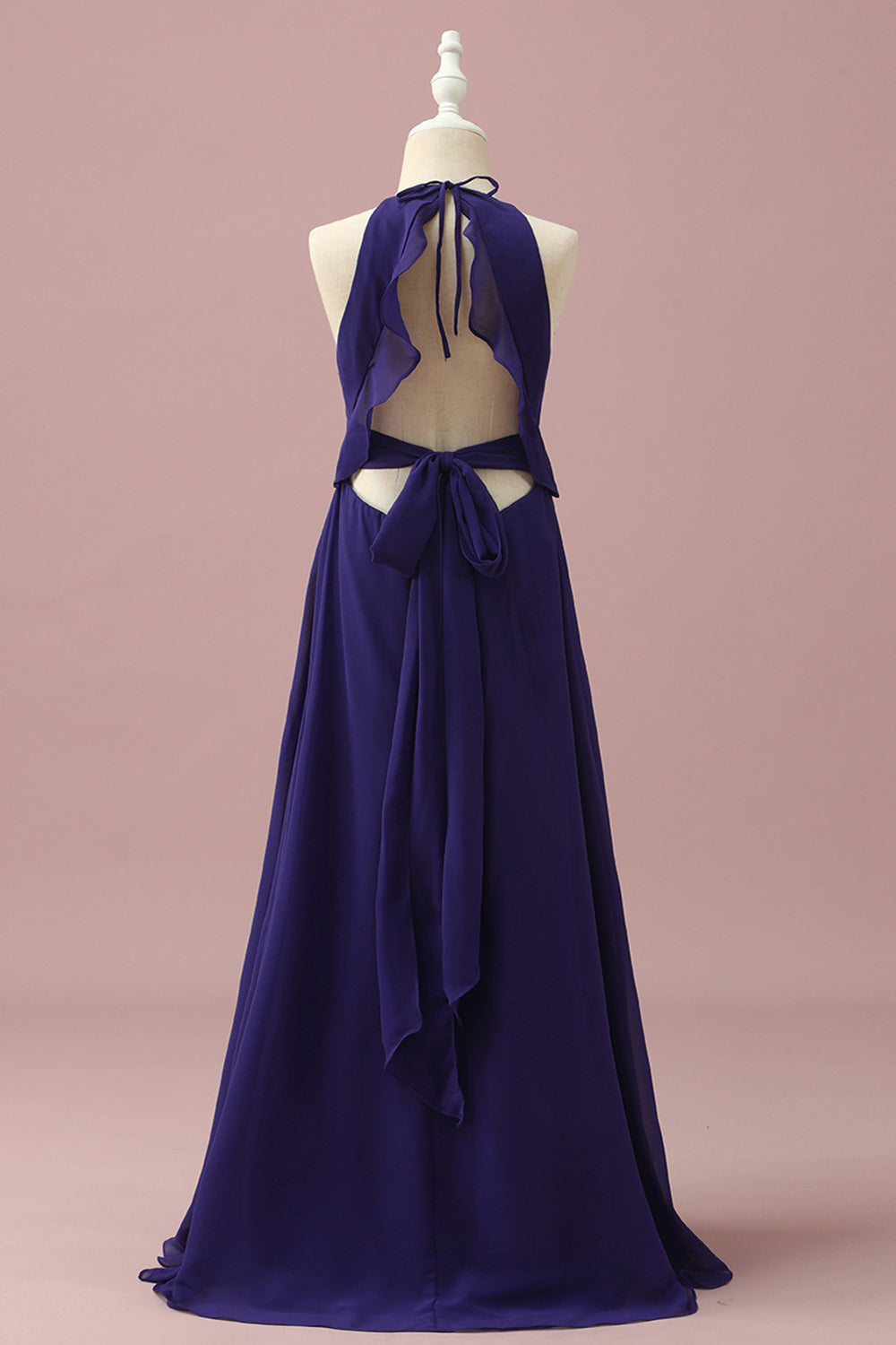 Purple Blue A-Line Halter Floor Length Chiffon Junior Bridesmaid Dress With Ruffles