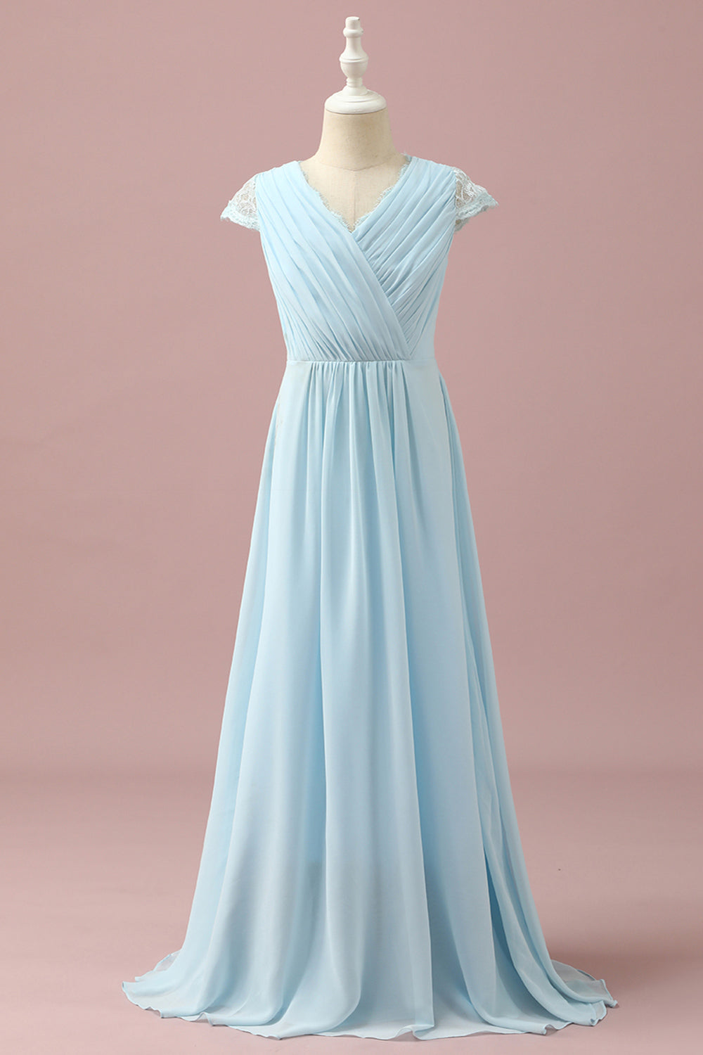 Light Blue A-Line V Neck Floor Length Chiffon Junior Bridesmaid Dress