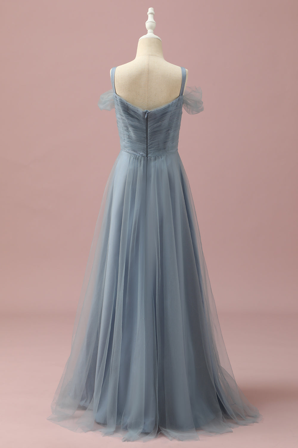 Grey Blue A Line Cold Shoulder Floor Length Tulle Junior Bridesmaid Dress