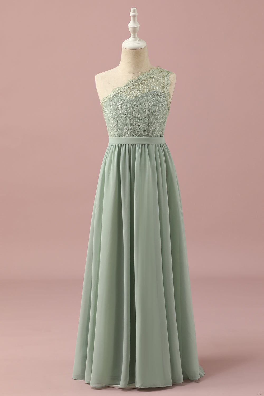 Dusty Sage A Line One Shoulder Lace and Chiffon Junior Bridesmaid Dress