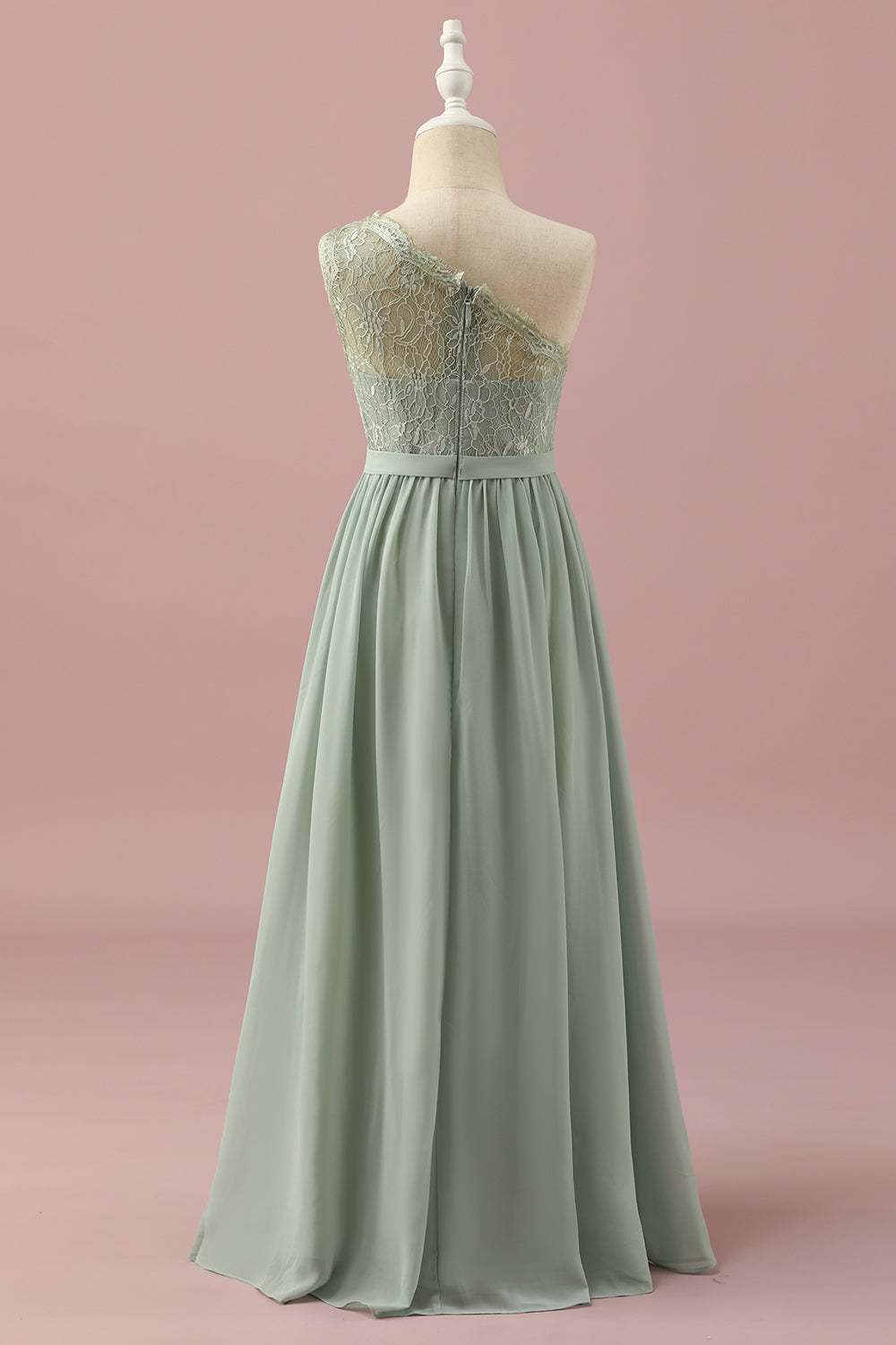 Dusty Sage A Line One Shoulder Lace and Chiffon Junior Bridesmaid Dress