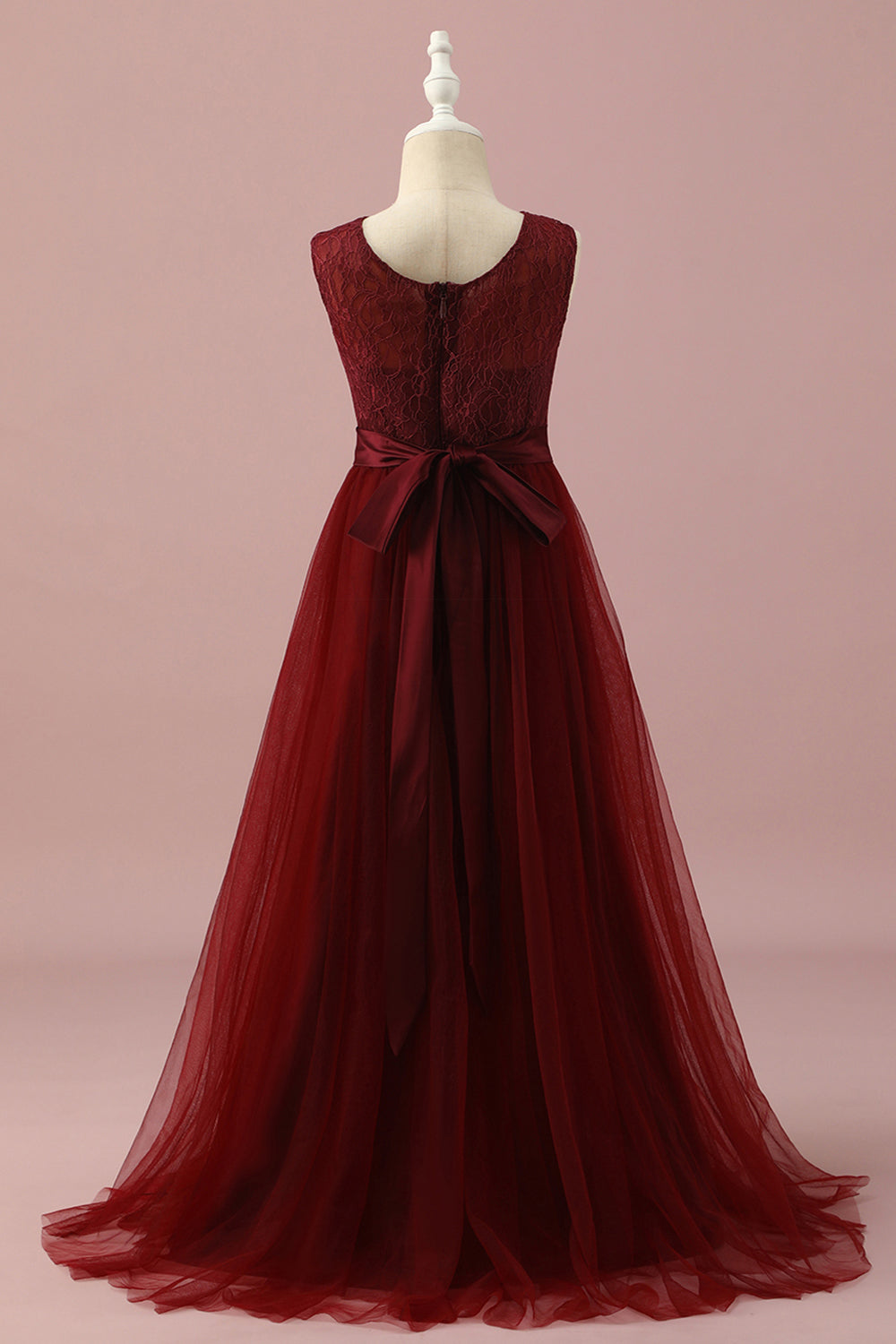 Burgundy A-Line V Neck Floor Length Chiffon Junior Bridesmaid Dress