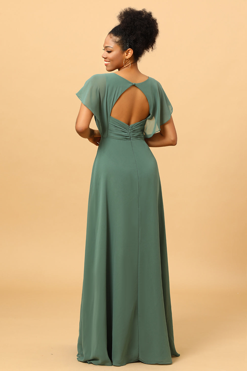 Eucalyptus A Line V-Neck Ruched Long Chiffon Bridesmaid Dress with Slit