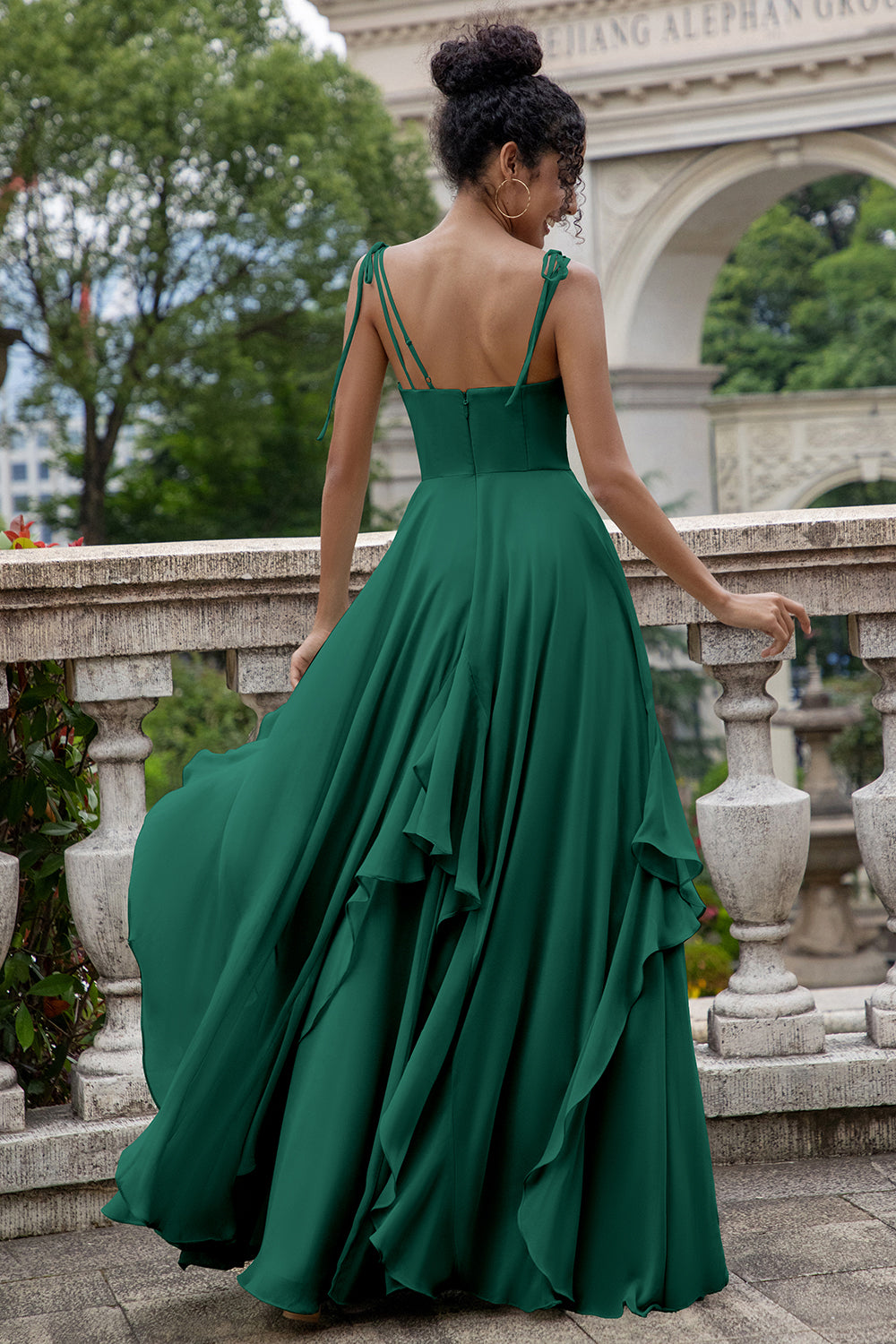 Pine A Line Spaghetti Straps Chiffon Long Asymmetrical Bridesmaid Dress with Ruffles