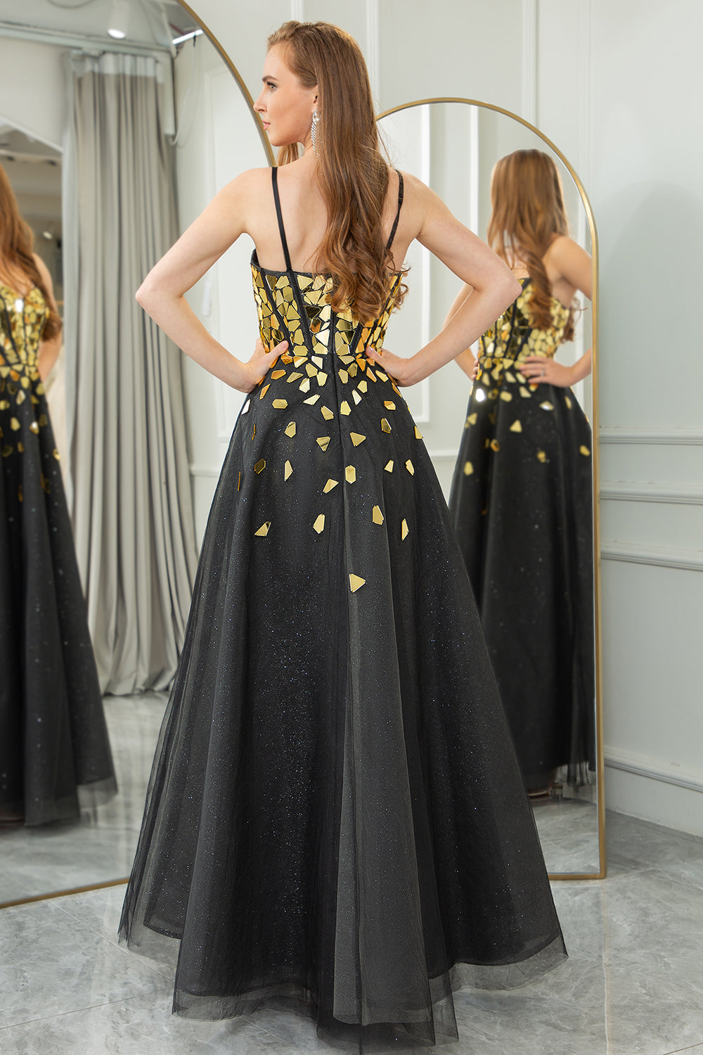 Black Golden A Line Spaghetti Straps Sequins Long Corset Mirror Prom Dress