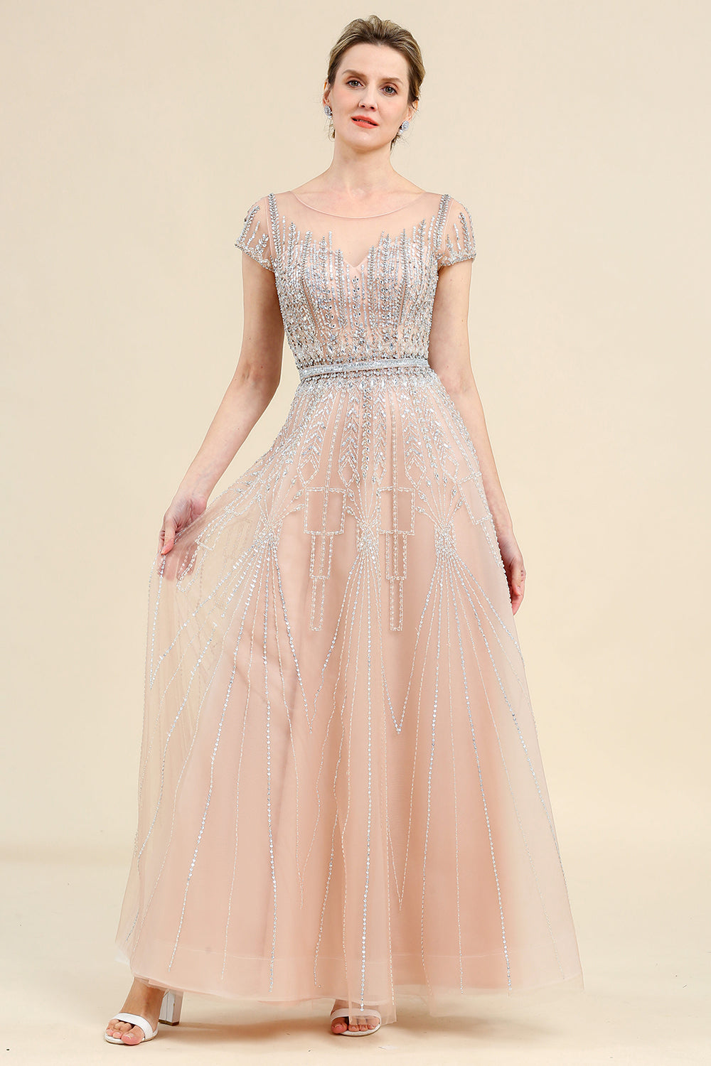 Blush A Line Beaded Mother of Bride Dress With Short Sleeves