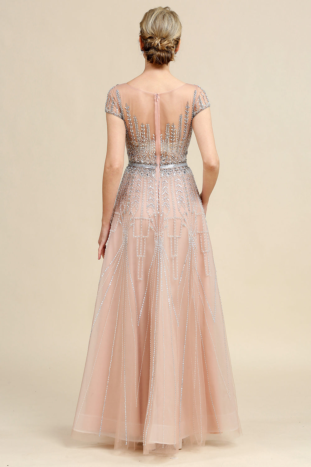 Blush A Line Beaded Mother of Bride Dress With Short Sleeves