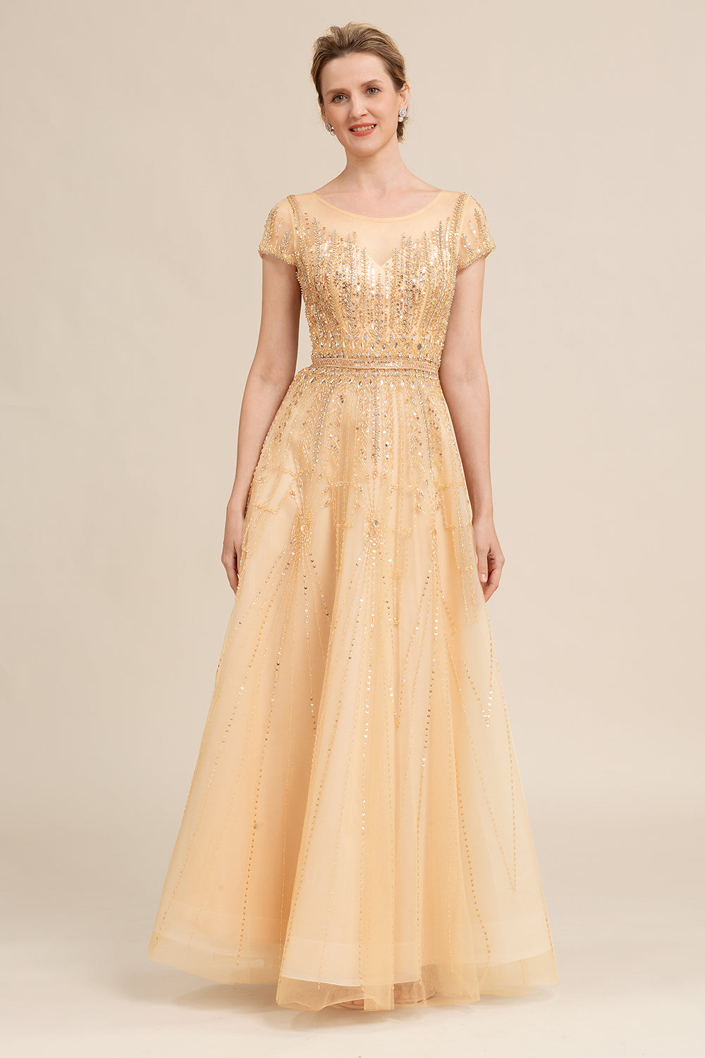 Golden A Line Beaded Mother of Bride Dress