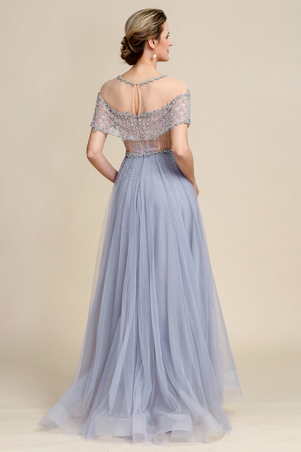 Grey Tulle A Line Beaded Glitter Mother of Bride Dress