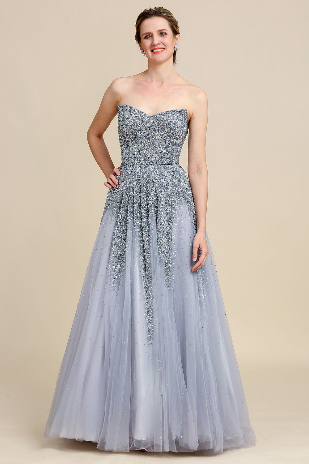 Grey A Line Beading Sparkly Mother of Bride Dress