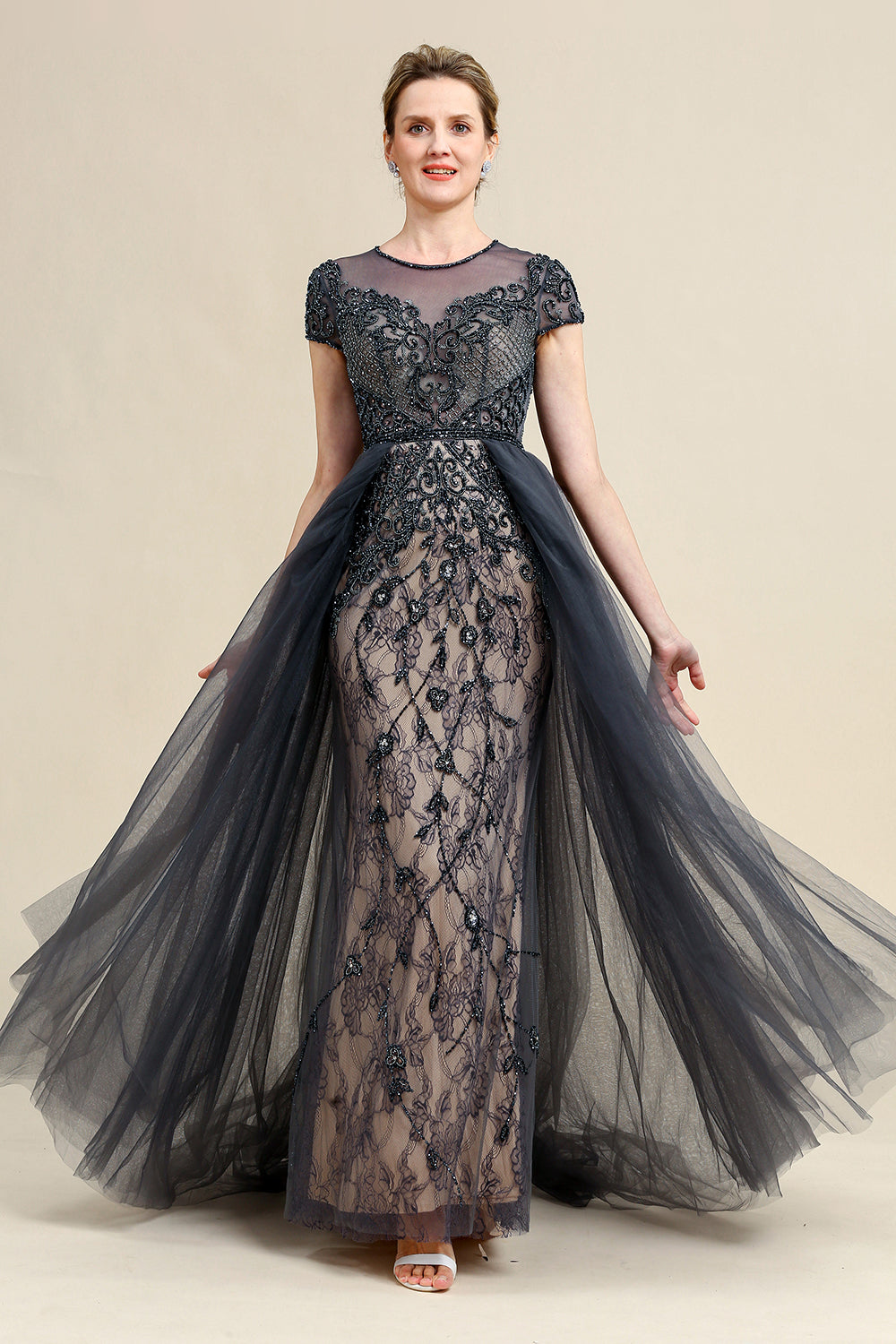 Dark Grey A Line Tulle Beaded Glitter Mother of Bride Dress