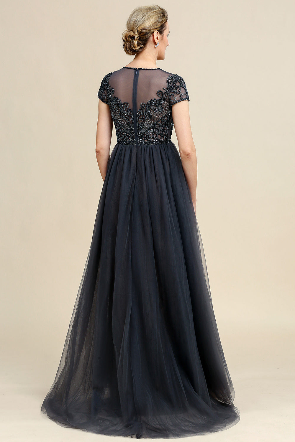 Dark Grey A Line Tulle Beaded Glitter Mother of Bride Dress